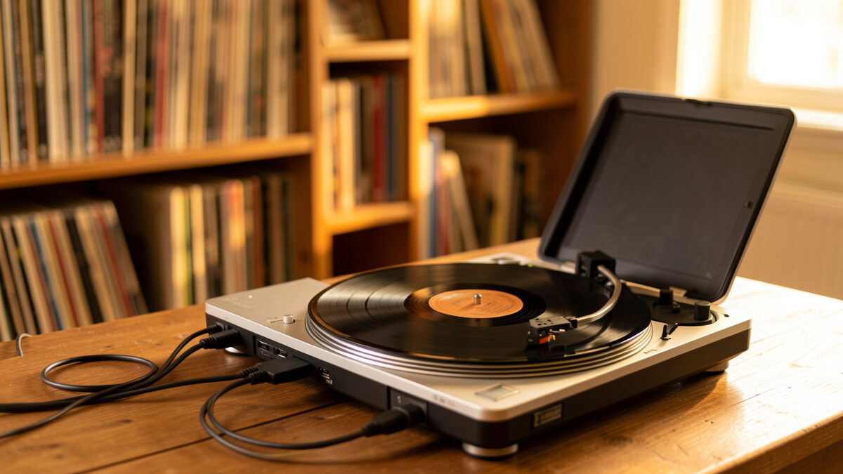 Turntable connected to a laptop for digitizing vinyl records in a home listening room