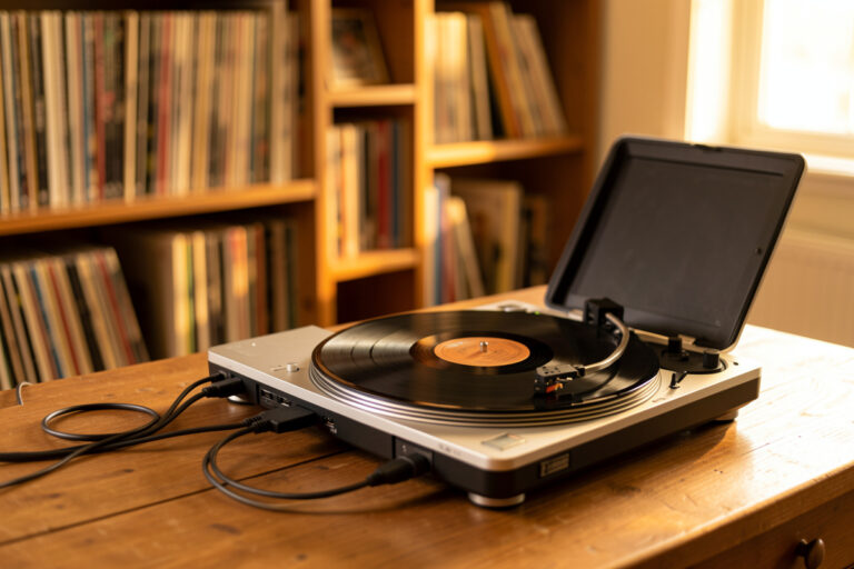 Turntable connected to a laptop for digitizing vinyl records in a home listening room