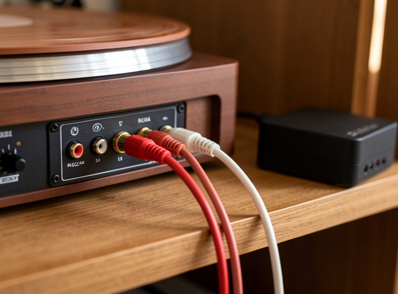 Turntable rear RCA outputs connected to a phono preamp on a wooden shelf