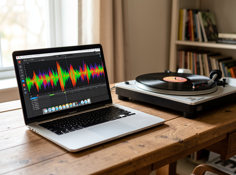 Laptop showing an audio waveform next to a turntable spinning a record