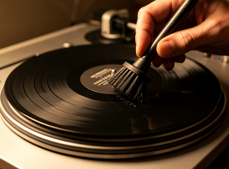 Hands brushing a vinyl record with a carbon fiber brush on a turntable platter