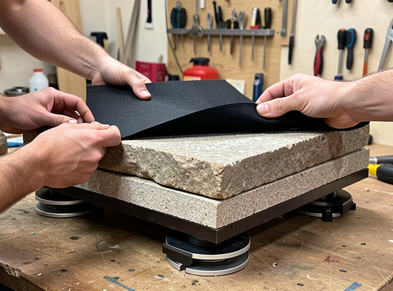Damping sheet being placed between the stone top and decoupling feet of a DIY platform