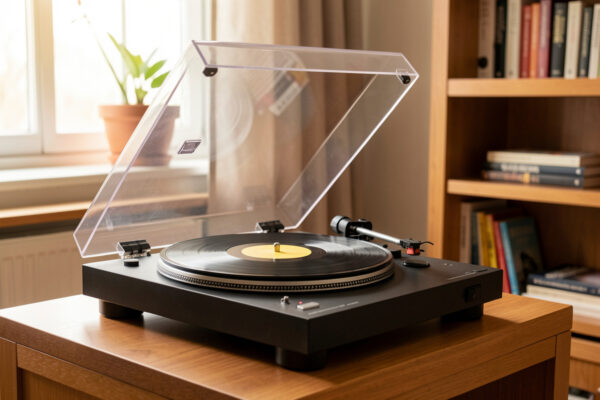 Turntable with its hinged acrylic dustcover raised over the platter and tonearm