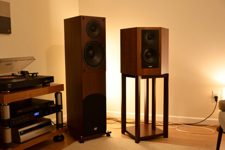 Floorstanding tower speaker beside a bookshelf speaker on a stand in a vinyl listening room