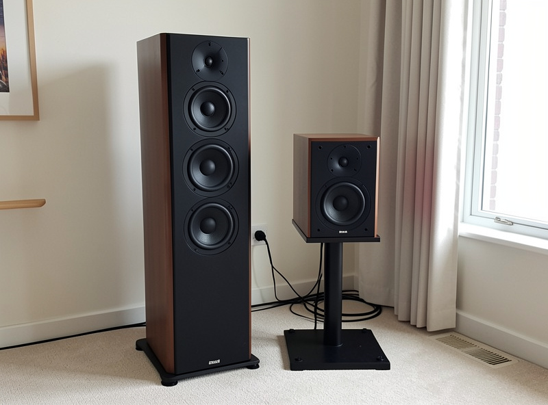 A floorstanding speaker and a bookshelf speaker on a stand side by side in a listening room