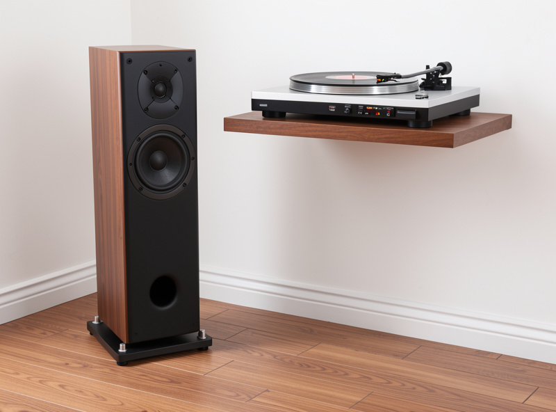 Floorstanding speaker on isolation feet next to a turntable on a wall-mounted shelf