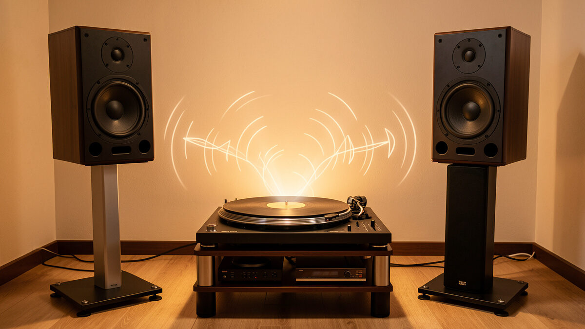 A turntable positioned between two floorstanding speakers