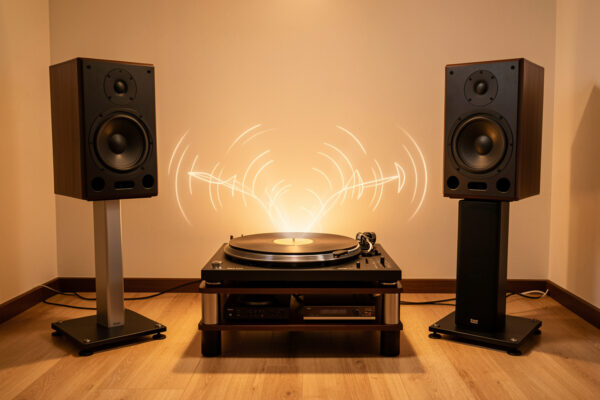 A turntable positioned between two floorstanding speakers