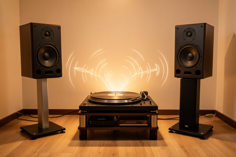 A turntable positioned between two floorstanding speakers