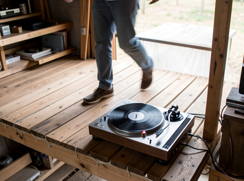 A person walking past a turntable on a suspended wooden floor causing the stylus to react