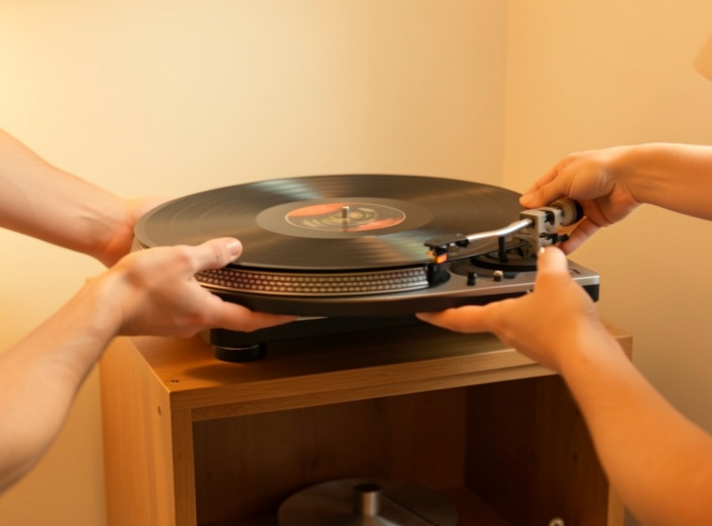Lifting a turntable off its shelf while music plays to test for airborne feedback