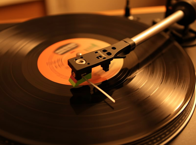 A jazz vinyl record spinning on a turntable platter with warm lighting