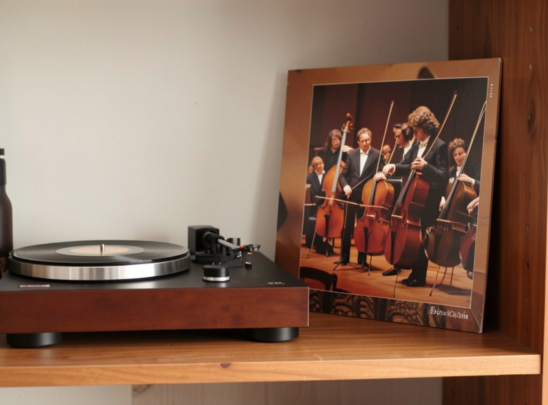 A classical orchestra vinyl record sleeve next to a turntable