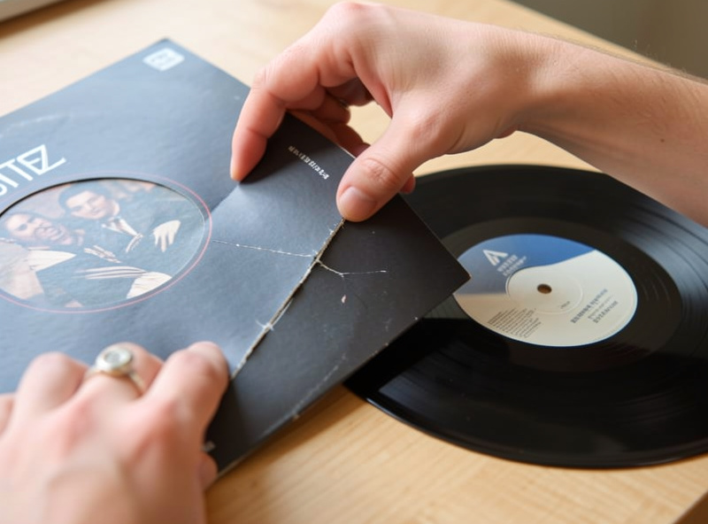 Record jacket inspected for ringwear and seam splits next to its disc during grading for sale
