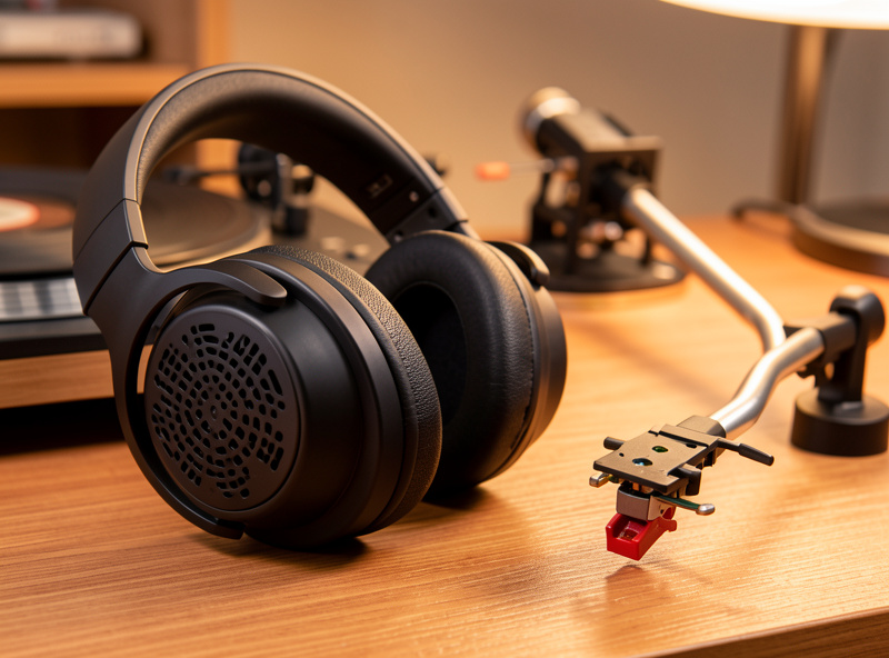 Open-back headphones resting on a turntable plinth beside the tonearm in a home listening space