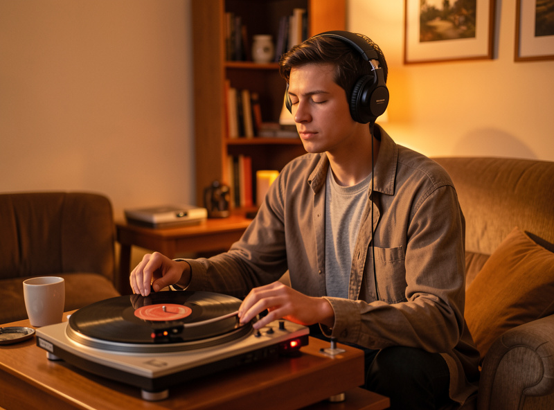 Listener seated at a turntable wearing open-back headphones with a record spinning on the platter