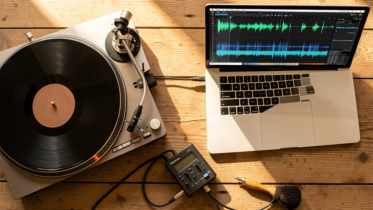 Vinyl digitizing setup with turntable, audio interface, and laptop