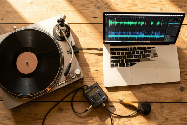 Vinyl digitizing setup with turntable, audio interface, and laptop
