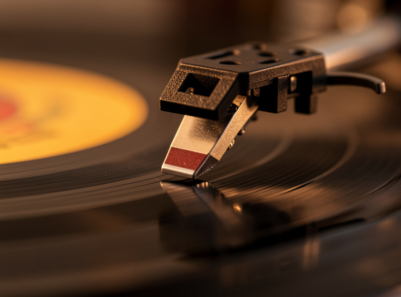 Turntable stylus dropping into the lead-in groove of a spinning vinyl record
