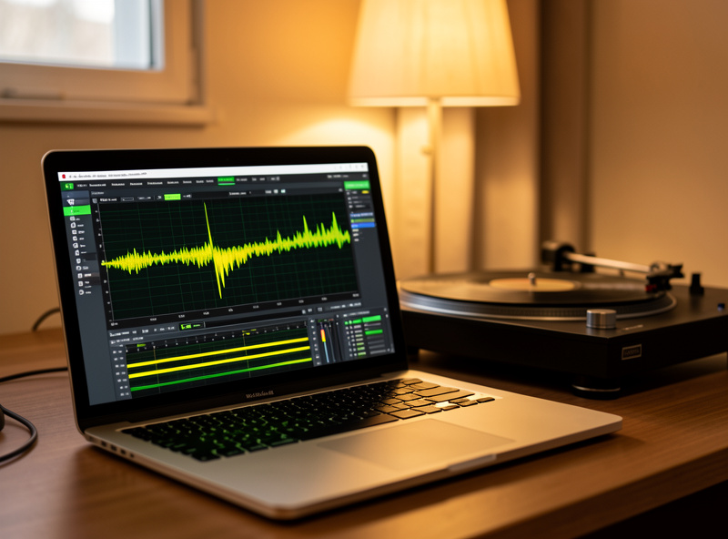 Laptop screen showing audio recording level meters during a vinyl capture