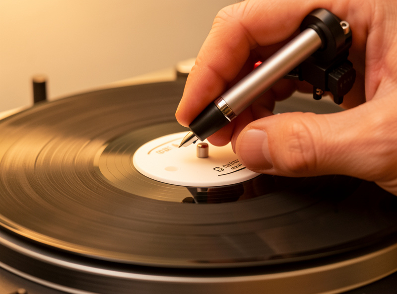 Hands measuring tracking force with a digital stylus gauge on a turntable