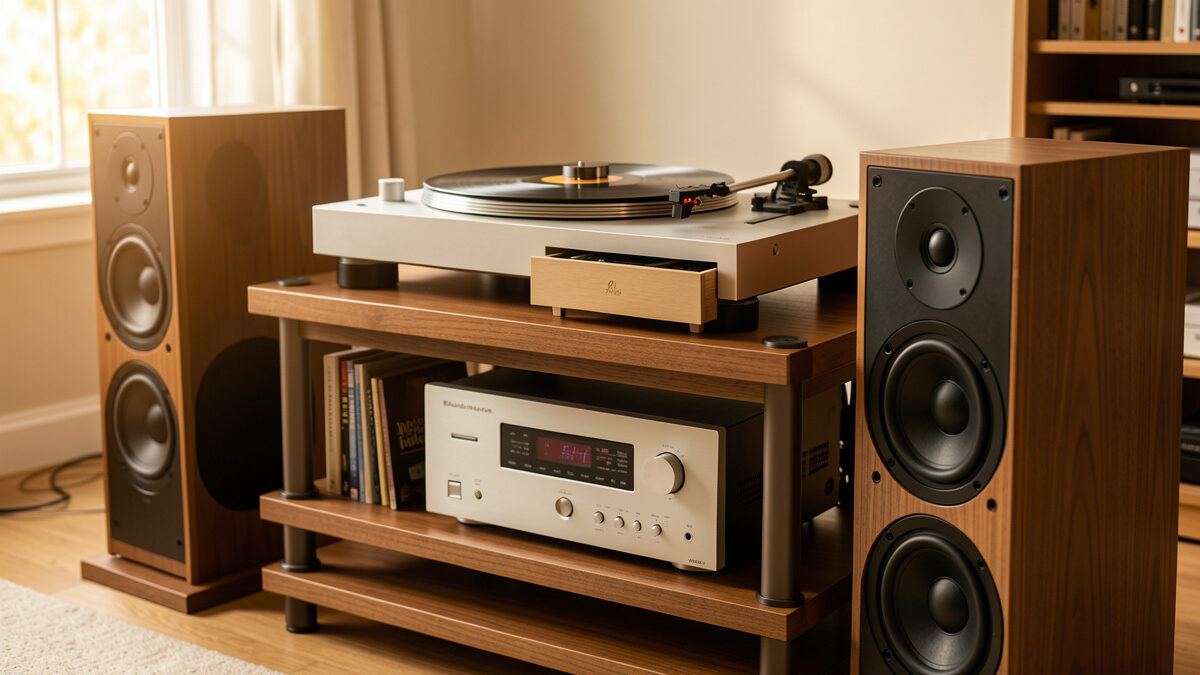 Hi-fi rack with turntable, external phono stage, amplifier and speakers