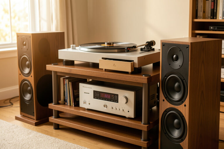 Hi-fi rack with turntable, external phono stage, amplifier and speakers