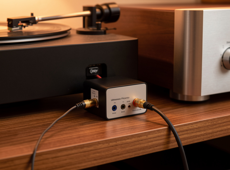 External phono stage box connected between a turntable and an integrated amplifier on a hi-fi rack