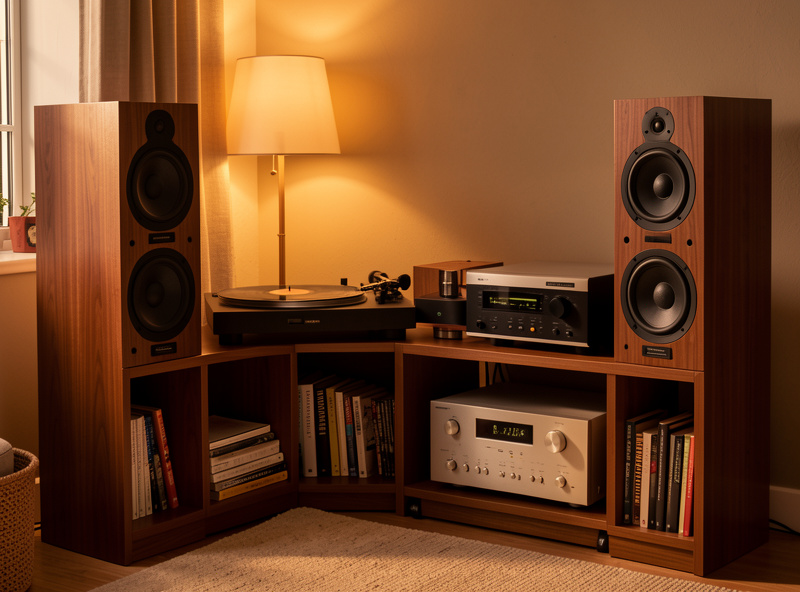 Vinyl listening setup showing turntable, external phono stage, integrated amplifier and bookshelf speakers