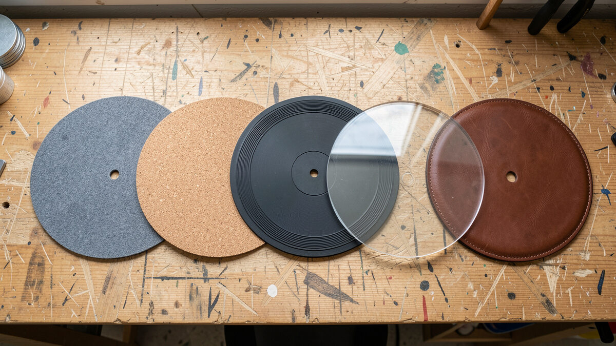 Felt, cork, rubber, acrylic and leather turntable platter mats arranged in a row