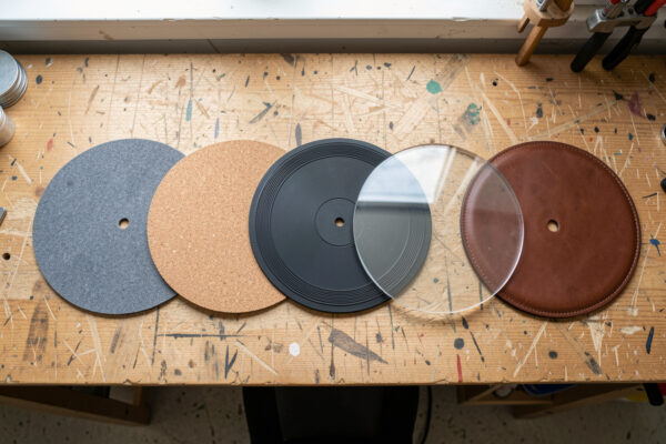 Felt, cork, rubber, acrylic and leather turntable platter mats arranged in a row