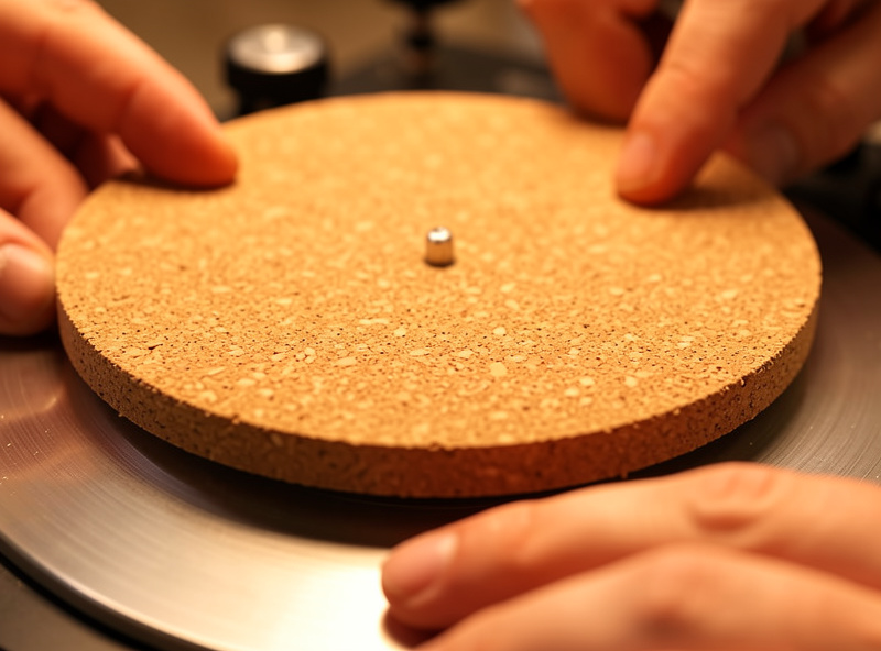 Hands placing a cork turntable platter mat onto a metal turntable platter