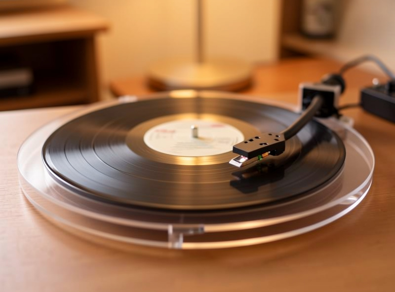 A record spinning on a clear acrylic turntable platter with no mat fitted