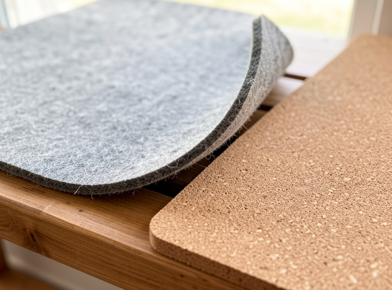 A felt mat showing static cling next to a cork mat on a wooden bench