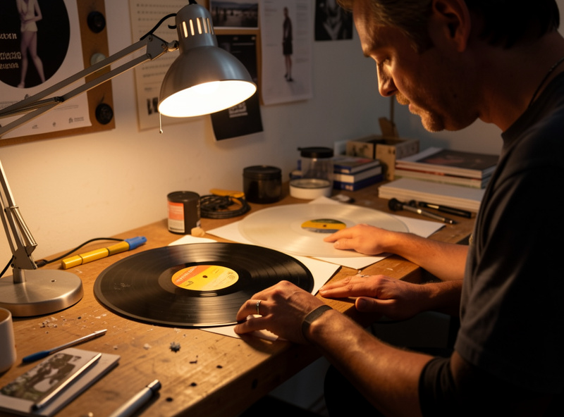 Collector comparing an original pressing and a reissue under a desk lamp