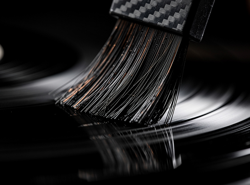 Macro close-up of carbon fiber brush bristles touching a spinning black vinyl record