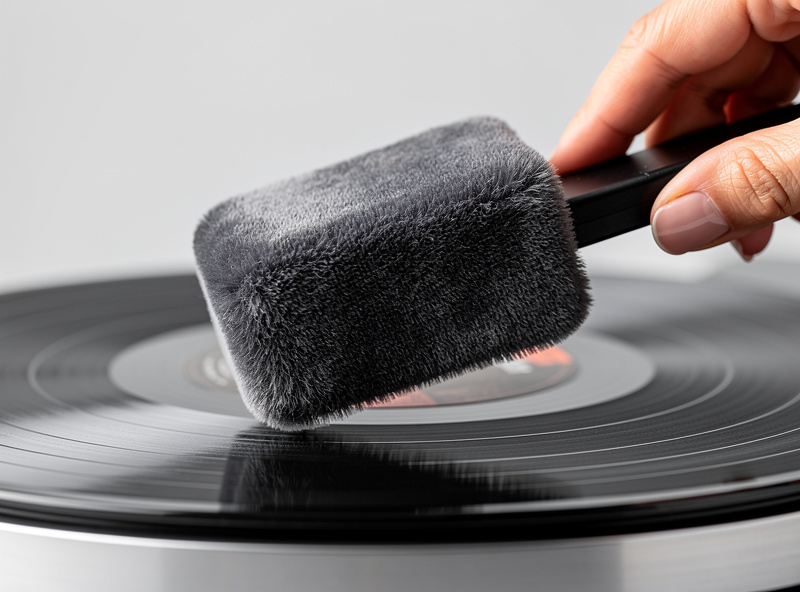 A velvet record cleaning pad brush held over a vinyl record showing the plush nap