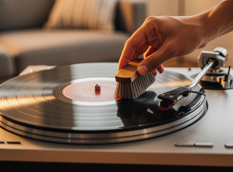 Hand holding a record cleaning brush against a spinning record on a turntable using light pressure