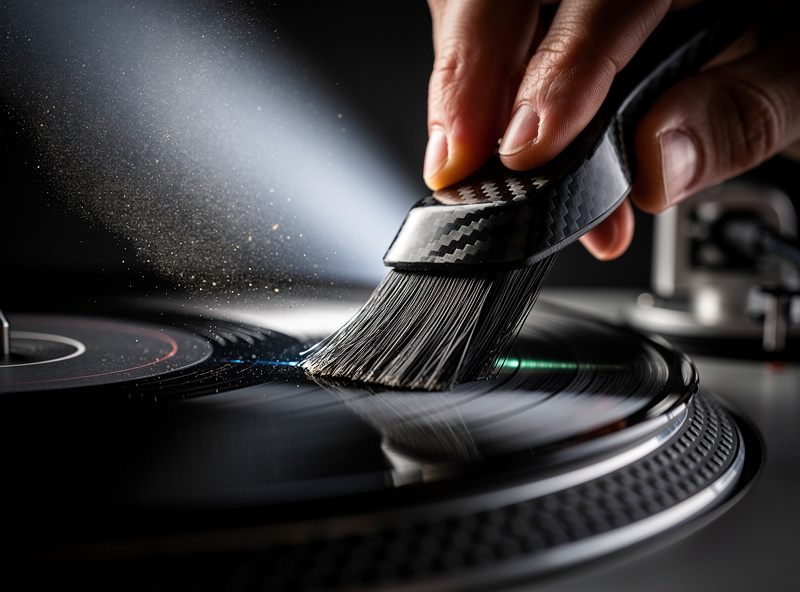 Carbon fiber anti-static brush cleaning dust from a spinning vinyl record on a turntable platter