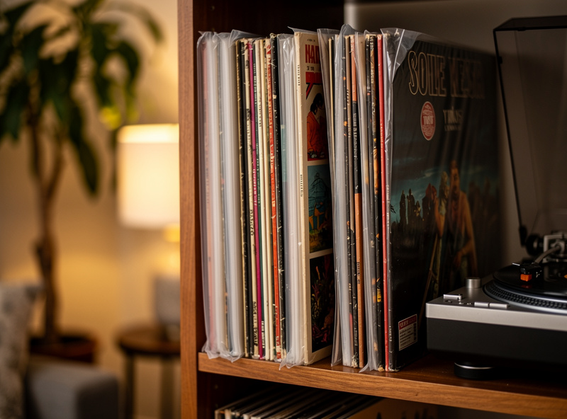 Vinyl records stored vertically in anti-static inner sleeves and outer poly sleeves on a shelf