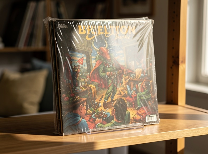 A vinyl record album in a clear protective outer poly sleeve on a shelf