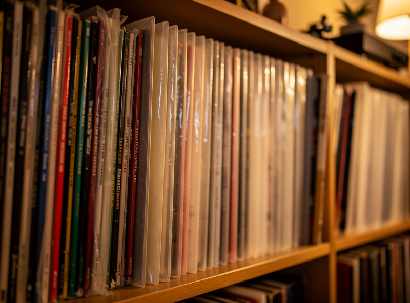 A shelf of vinyl records all in matching new inner and outer sleeves, neatly organized