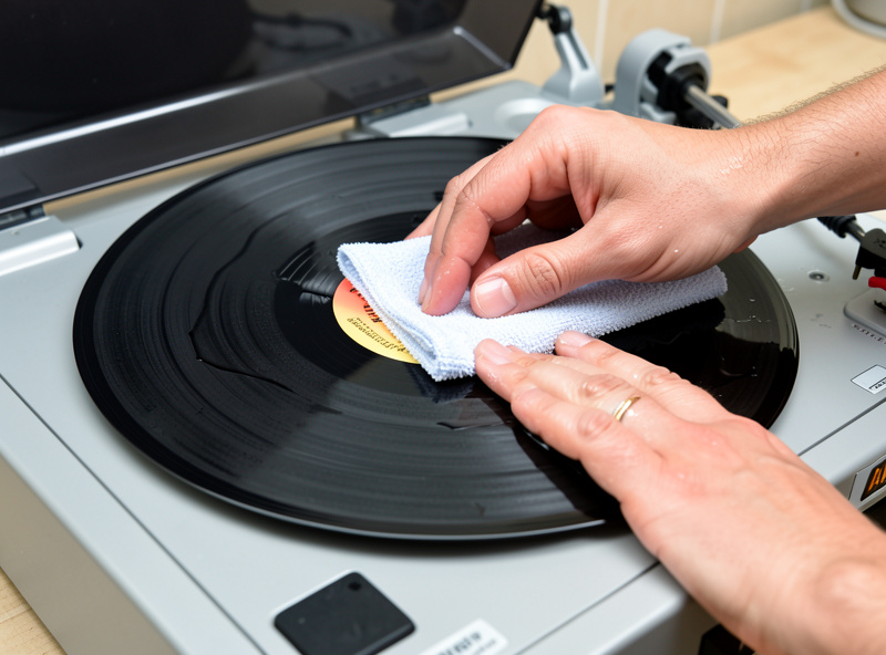 Hand wet-cleaning a vinyl record over a cleaning station
