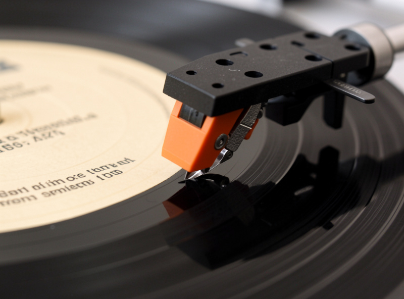 Close-up of a turntable cartridge and stylus over a record near the label