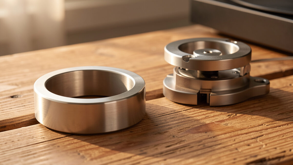 Stainless steel record weight and screw-down record clamp beside a turntable spindle