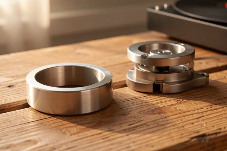 Stainless steel record weight and screw-down record clamp beside a turntable spindle