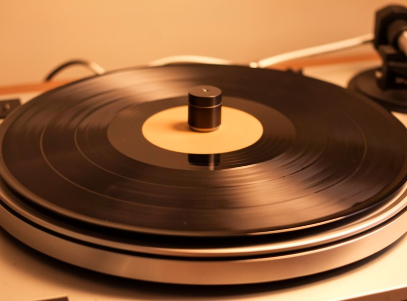 A slightly warped vinyl record on a platter being flattened by a heavy record weight on the spindle