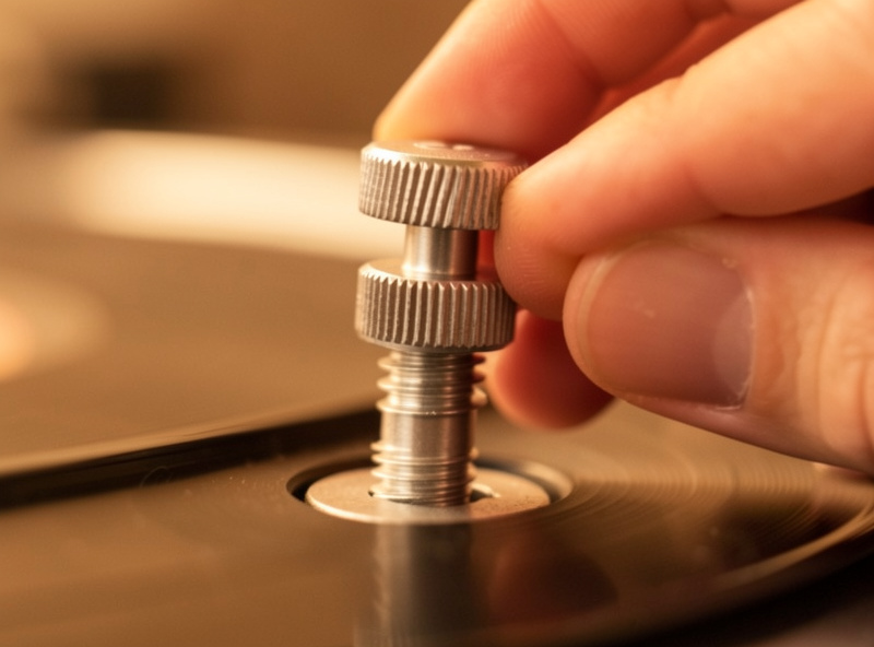 Close-up of a threaded screw-down record clamp being tightened onto a turntable spindle