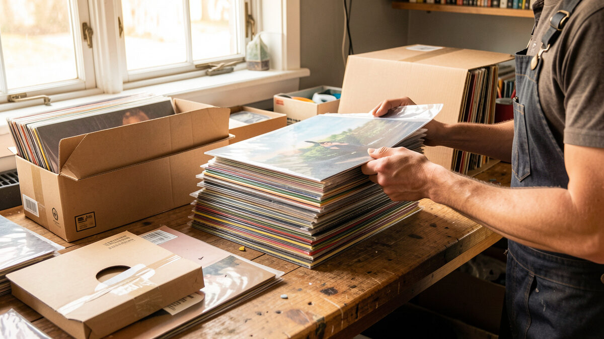 Vinyl records being prepared for sale with protective sleeves and a record shipping mailer on a workbench