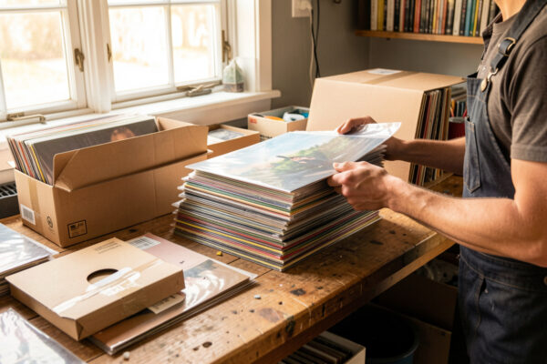 Vinyl records being prepared for sale with protective sleeves and a record shipping mailer on a workbench